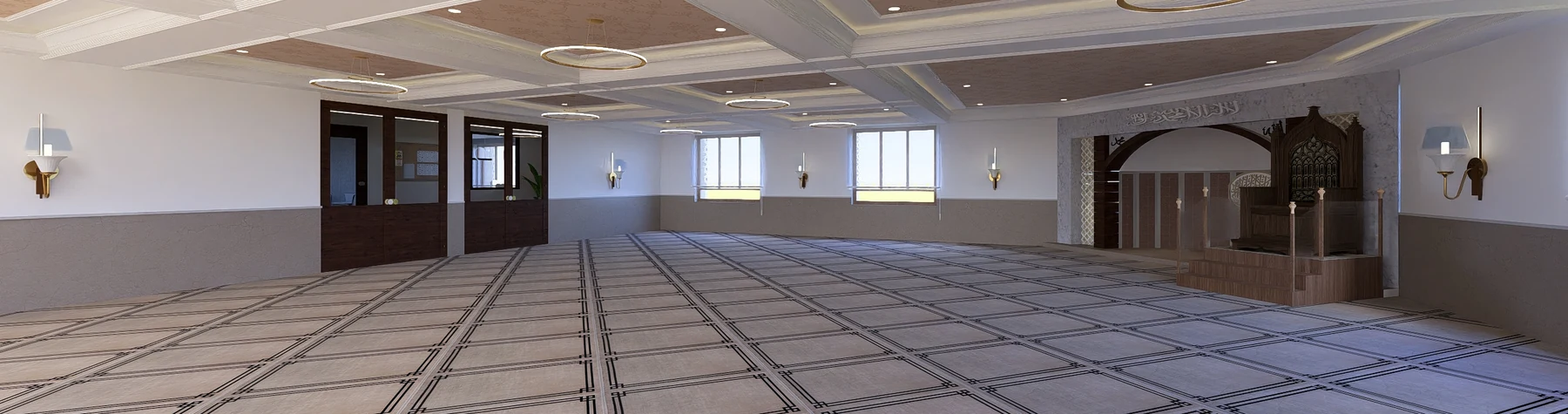 Panoramic architectural view of the future mosque interior