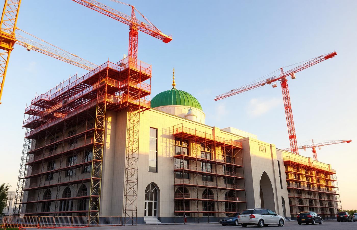 The new mosque building under construction with scaffolding and a green dome